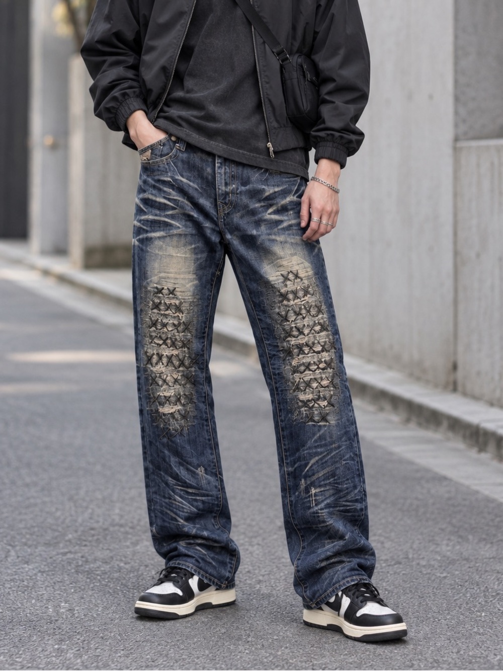 Vintage Gui Shou Jeans Distressed Cross Patchwork Denim Y2K Grunge Cyber Punk 32